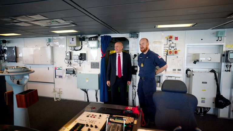 Defence Secretary John Healey is welcomed onto the bridge of HMS Diamond. Pic: PA