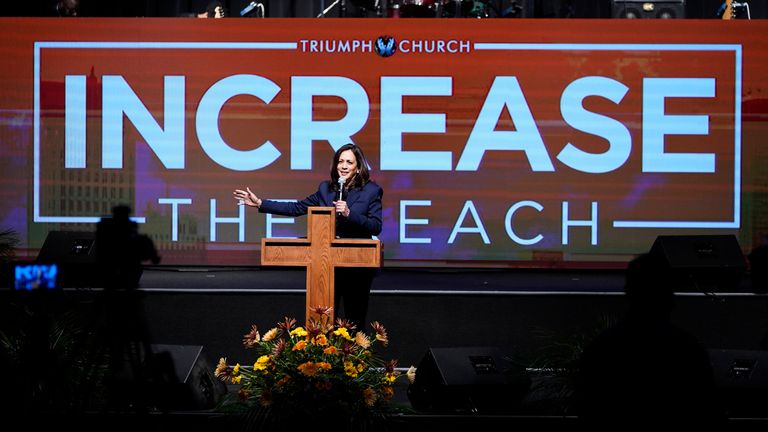 Kamala Harris during the 2020 election campaign at a Michigan church. Photo: AP