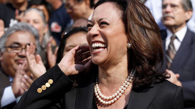 California Attorney General candidate Kamala Harris arrives for a campaign rally at the Los Angeles Public Central Library in Los Angeles, Monday, Nov. 1, 2010. (AP Photo/Chris Carlson)