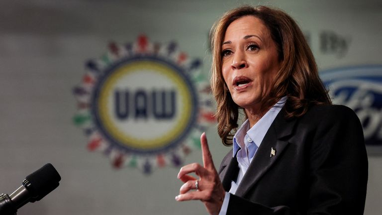 Democratic presidential nominee and U.S. Vice President Kamala Harris speaks at North Western High School in Detroit, Michigan, U.S., September 2, 2024. REUTERS/Brendan McDermid