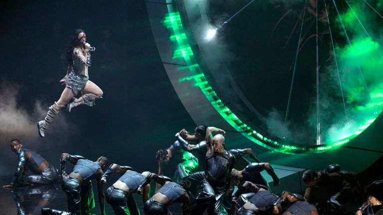 Katy Perry, far left, performs during the MTV Video Music Awards on Wednesday, Sept. 11, 2024, at UBS Arena in Elmont, N.Y. (Photo by Charles Sykes/Invision/AP)