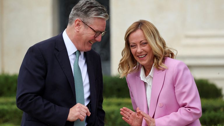 Keir Starmer and Giorgia Meloni meet at Villa Doria Pamphilj in Rome.
Pic: Reuters