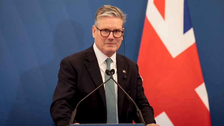 Keir Starmer attends a press conferance with Giorgia Meloni attend a press conference at Villa Doria Pamphilj in Rome, Italy.
Pic: Reuters