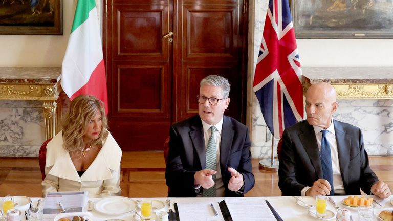 Keir Starmer during a business breakfast at Villa Wolkonsky, Rome, Italy.
Pic: PA