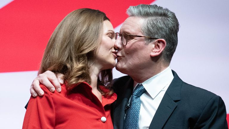 Prime Minister Keir Starmer is joined on stage by his wife Victoria after delivering his keynote speech to the Labour Party Conference in Liverpool. Picture date: Tuesday September 24, 2024. - PA