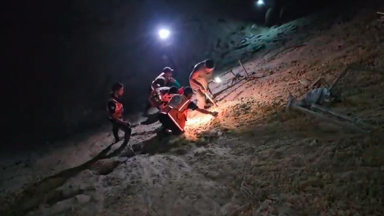 First responders at a tent encampment near Khan Younis in the Al-Mawasi area, a designated humanitarian zone, after an Israeli attack.
Pic: Sky News