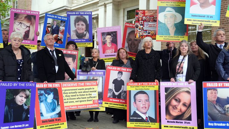 Family members of those lost after receiving treatment for mental health concerns hold up pictures during a protest outside the Lampard Inquiry at Chelmsford Civic Centre before the start of the hearings into the deaths of mental health inpatients in Essex.
Pic: PA