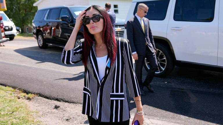 Laura Loomer arrives with Republican presidential nominee former President Donald Trump for a visit to the Shanksville Volunteer Fire Company in Shanksville, Pa., Wednesday, Sept. 11, 2024. (AP Photo/Matt Rourke)