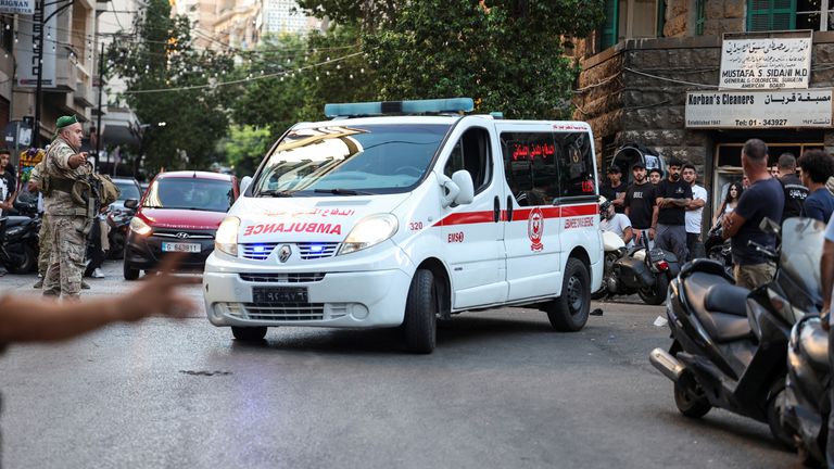 An ambulance arrives at the American University of Beirut medical center amid a large number of injured after pagers began exploding. Image: Reuters