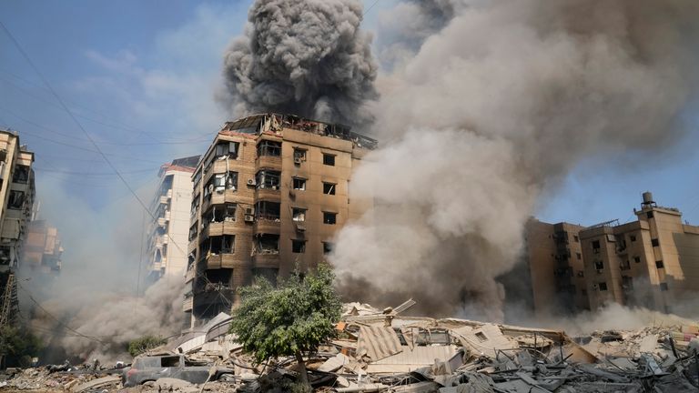 Smoke rises from Israeli airstrikes in Beirut's southern suburbs. Pic: AP