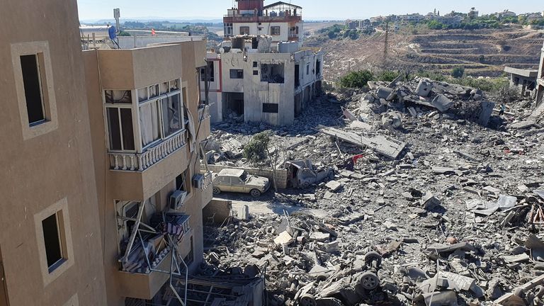 The rubble of destroyed buildings lies at the site of Israeli attacks in Saksakiyeh, southern Lebanon, on September 26, 2024. REUTERS/Ali Hankir