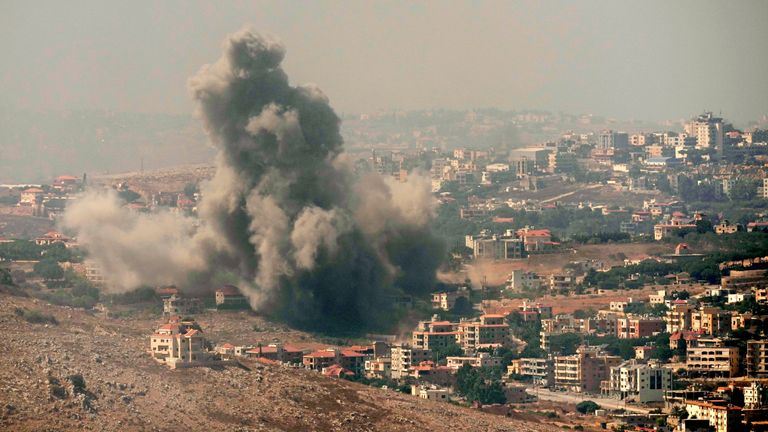 Smoke rises from Israeli airstrikes in the southern village of Kfar Rouman in south Lebanon. Pic: AP