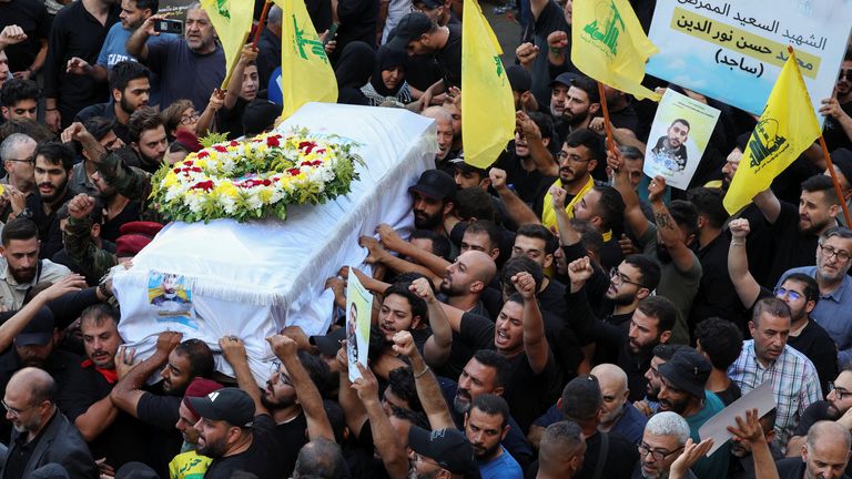 Men carry the coffin of Mohamed Hassan Nour al-Din, who was killed amid the detonation of pagers across Lebanon on Tuesday. Pic: Reuters