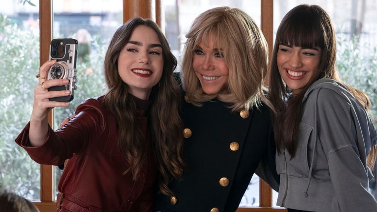 (L-R): Lily Collins, Brigitte Macron, Thalia Besson. Pic: Netflix