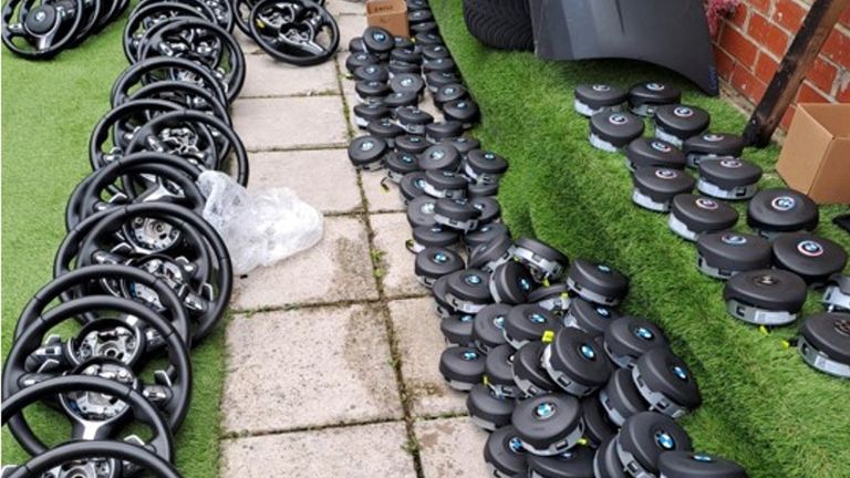 Steering wheels and fake airbags were seized during the raids. Image: City of London Police/PA