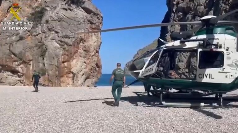 Helicopter search and rescue team at the gorge during search efforts of Britons missing in Mallorca / Majorca canyon where they were hiking, in Torrent de Pareis. Still from video on September 5, 2024 from Guardia Civil