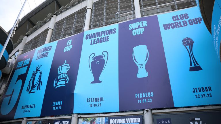 Soccer Football - Premier League - Manchester City v Brentford - Etihad Stadium, Manchester, Britain - September 14, 2024 General view of an image of the trophies Manchester City have won outside the stadium before the match REUTERS/Phil Noble EDITORIAL USE ONLY. NO USE WITH UNAUTHORIZED AUDIO, VIDEO, DATA, FIXTURE LISTS, CLUB/LEAGUE LOGOS OR 'LIVE' SERVICES. ONLINE IN-MATCH USE LIMITED TO 120 IMAGES, NO VIDEO EMULATION. NO USE IN BETTING, GAMES OR SINGLE CLUB/LEAGUE/PLAYER PUBLICATIONS. PLEASE 