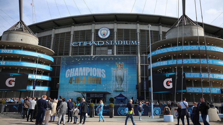 Soccer Football - Premier League - Manchester City v Brentford - Etihad Stadium, Manchester, Britain - September 14, 2024 General view outside the stadium before the match REUTERS/Phil Noble EDITORIAL USE ONLY. NO USE WITH UNAUTHORIZED AUDIO, VIDEO, DATA, FIXTURE LISTS, CLUB/LEAGUE LOGOS OR 'LIVE' SERVICES. ONLINE IN-MATCH USE LIMITED TO 120 IMAGES, NO VIDEO EMULATION. NO USE IN BETTING, GAMES OR SINGLE CLUB/LEAGUE/PLAYER PUBLICATIONS. PLEASE CONTACT YOUR ACCOUNT REPRESENTATIVE FOR FURTHER DETAI