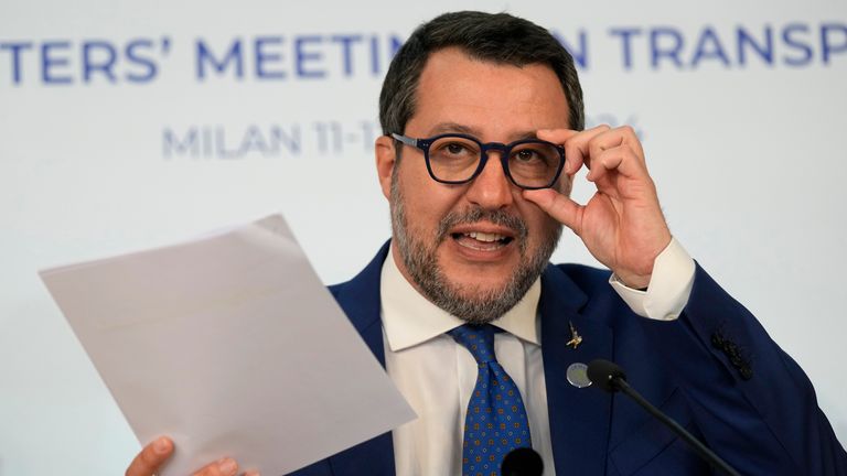 FILE - Italian Deputy Prime Minister and Minister of Infrastructure and Transport Matteo Salvini attends a press conference during the G7 transportation ministers meeting in Milan, Italy, April 13, 2024. (AP Photo/Antonio Calanni, File)