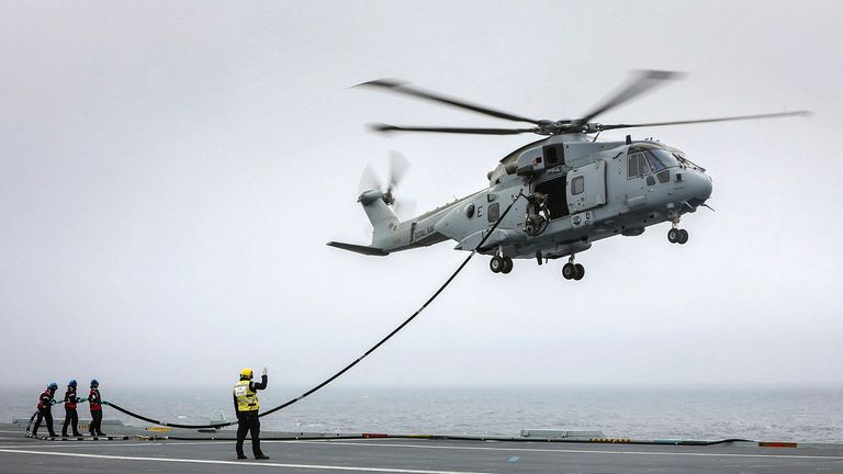 Merlin Mk4 helicopter on manoeuvres aboard the HMS Queen Elizabeth in 2018.
Pic:© Crown copyright/MOD