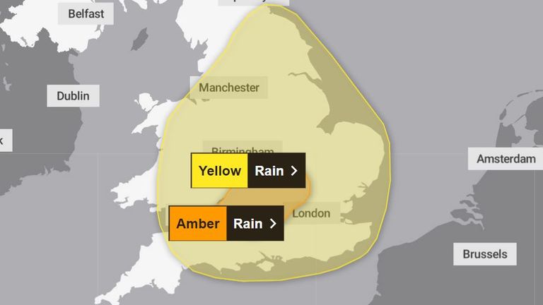 The amber and yellow warnings in place in the UK. Pic: Met Office