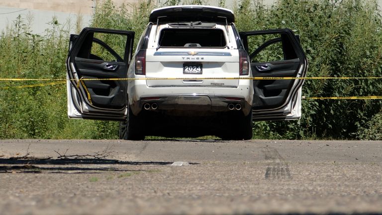 The bullet-riddle armoured vehicle abandoned by a cartel gunman. Pic: Sky News