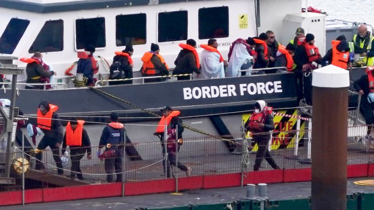 A group of people thought to be migrants are brought in to Dover, Kent, from a Border Force vessel following a small boat incident in the Channel. Picture date: Monday September 16, 2024.
