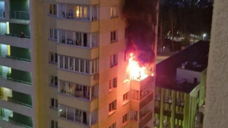 An apartment balcony is on fire in a multi-storey residential building following an alleged Ukrainian drone attack in the course of Russia-Ukraine conflict, in Ramenskoye in the Moscow region, Russia September 10, 2024, in this handout photo obtained by Reuters. ATTENTION EDITORS - THIS IMAGE WAS PROVIDED BY A THIRD PARTY. NO RESALES. NO ARCHIVES. 