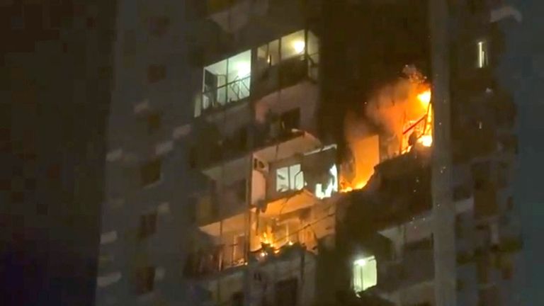 A residential building burns after being hit by what was said to be a drone strike launched by Ukraine, in the Ramenskoye district of the Moscow region, Russia, September 10, 2024 in this still image obtained from social media video. Social Media/via REUTERS  THIS IMAGE HAS BEEN SUPPLIED BY A THIRD PARTY. MANDATORY CREDIT. NO RESALES. NO ARCHIVES.