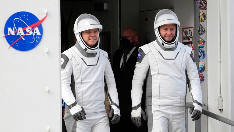 (L-R) Roscosmos cosmonaut Aleksandr Gorbunov and NASA astronaut Nick Hague are on board the Crew Dragon flight.
Pic: AP