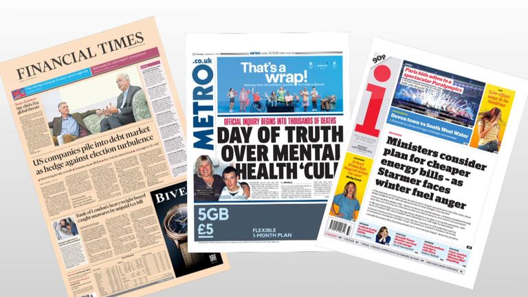 Newspapers for Monday 9 September 2024