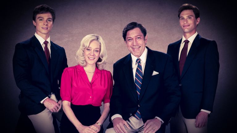 (From left to right) Nicholas Chavez as Lyle Menendez, Chloë Sevigny as Kitty Menendez, Javier Bardem as Jose Menendez, and Cooper Koch as Erik Menendez. Photo: Netflix 