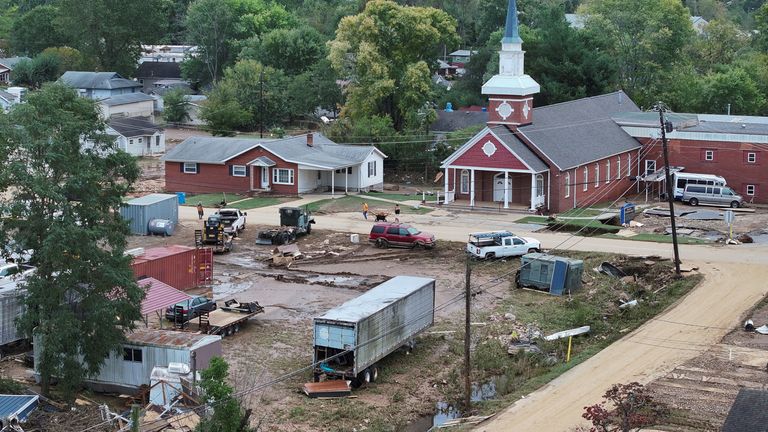 A drone view shows a damaged area, following the passing of Hurricane Helene, in Swannanoa, North Carolina, U.S., September 29, 2024. REUTERS/Marco Bello