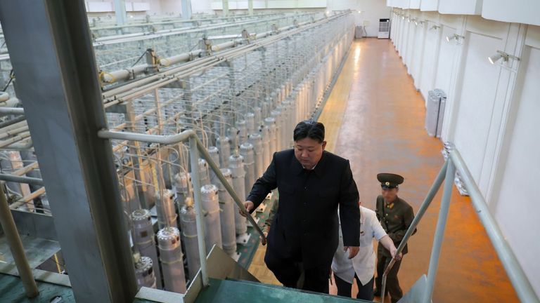 Images released by North Korea's state media of Kim Jong Un visiting a uranium enrichment facility.  Pic: Korean Central News Agency KCNA 