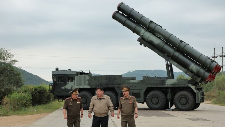 Images released by North Korea's state media of Kim Jong Un inspecting 600mm multiple rocket launcher.  Pic: Korean Central News Agency KCNA 