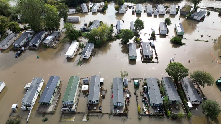 Cogenhoe Mill Holiday Park in Northamptonshire submerged by floodwater after the River Nene burst its banks. 35 flood warnings are in place across England on Tuesday morning. Parts of Bedfordshire, Oxfordshire, Warwickshire and Northamptonshire saw more than 100mm of rain in the last 48 hours. Picture date: Tuesday September 24, 2024.