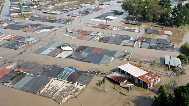 A drone view shows the flood-affected area following heavy rainfall in Ostrava, Czech Republic.
Pic: Reuters