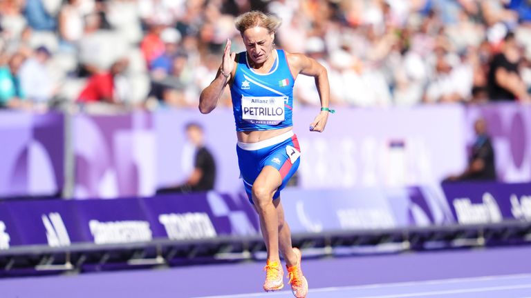 Italy's Valentina Petrillo during the Women's 400m - T12 Round 1 Heat 4 at the Stade de France on day five of the Paris 2024 Summer Paralympic Games.
Pic: PA