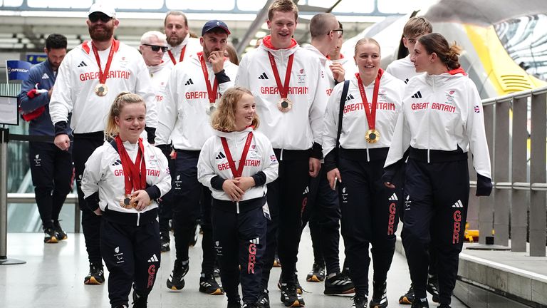 Members of Team Paralympics GB arrive by Eurostar into London St. Pancras International train station.
Pic: PA