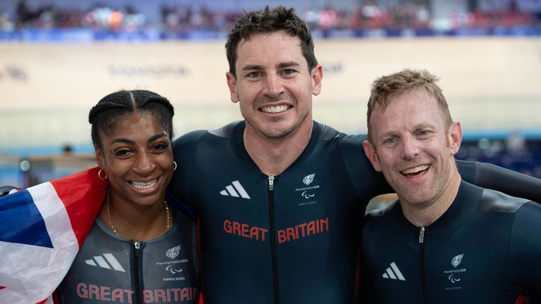 (L-R) Cyclists Kadeena Cox, Jaco van Gass, and Jody Cundy were victorious in the mixed team sprint