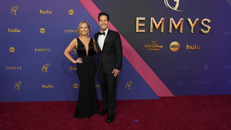 Julie Rudd and Paul Rudd pose for a Red Carpet portrait at the 76th Emmy Awards on Sunday, Sept. 15, 2024 at the Peacock Theater in Los Angeles. (Photo by Jordan Strauss/Invision for the Television Academy/AP Content Services)