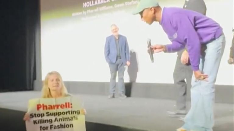 PETA activist crashes Pharrell Williams event | Ents & Arts News | Sky News