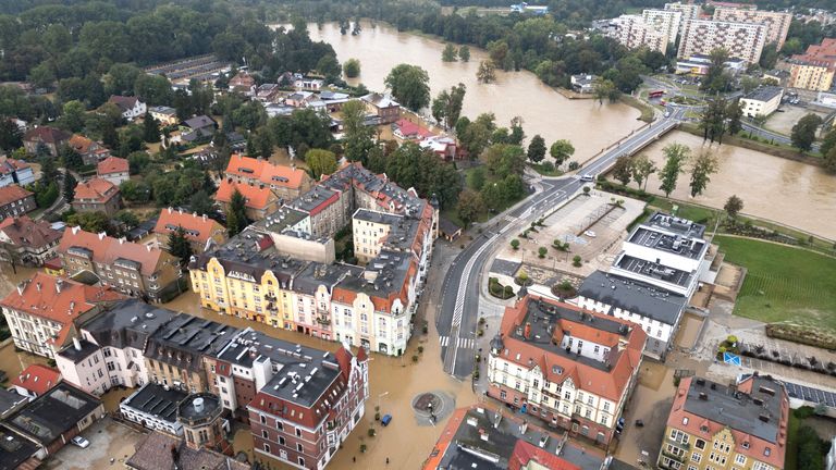 General view taken by drone of a flooded area by Nysa Klodzka river in Nysa, Poland September 16, 2024. REUTERS/Kacper Pempel