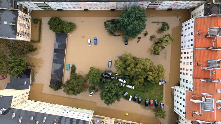 General view of a courtyard taken by drone of a flooded area by Nysa Klodzka river in Nysa, Poland September 16, 2024. REUTERS/Kacper Pempel