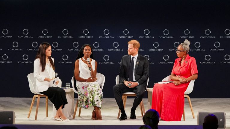 Chiara Riyanti Hutapea Zhang, Christina Williams, Prince Harry, Duke of Sussex, and Dr Tessy Ojo.
Pic: Reuters