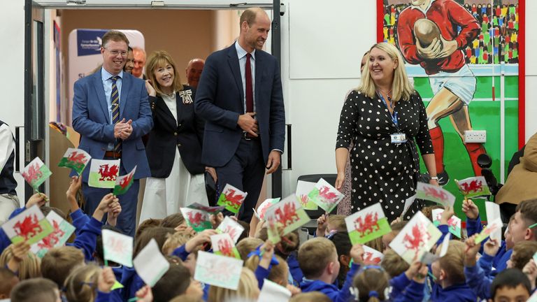 The Prince of Wales during a visit to Swiss Valley Community Primary School in Llanelli, Carmarthenshire, to meet pupils who took part in the 2024 Urdd Eisteddfod. Picture date: Tuesday September 10, 2024.