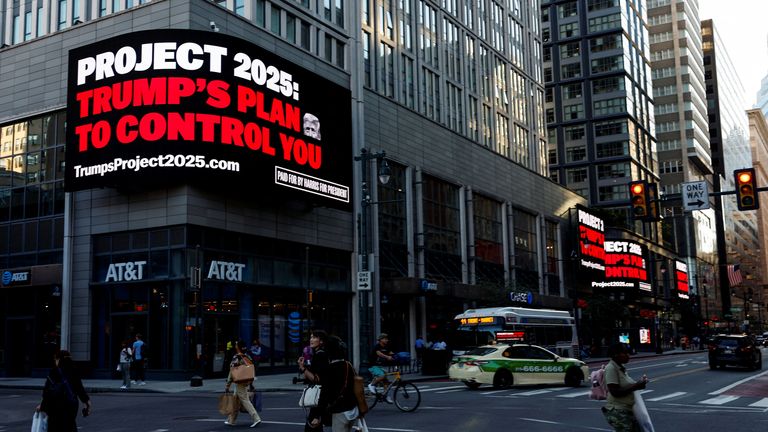 A billboard in Pennsylvania warns against Project 2025. Pic: Reuters 