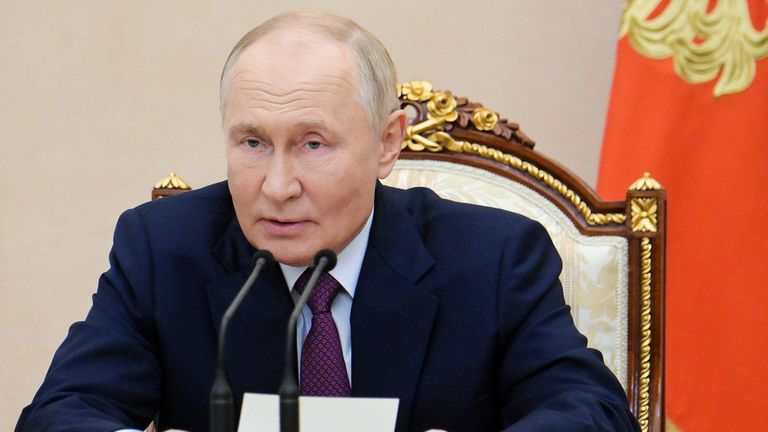 Russian President Vladimir Putin speaks at the Security Council meeting on nuclear deterrence at the Kremlin in Moscow, Russia, Wednesday, Sept. 25, 2024. (Aleksei Nikolsky, Sputnik, Kremlin Pool Photo via AP)