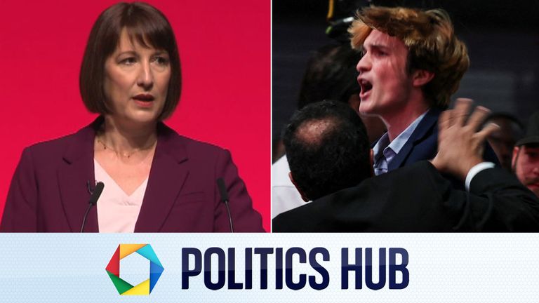 A demonstrator tries to interrupt the speech of Britain's Chancellor of the Exchequer Rachel Reeves at the Britain's Labour Party's annual conference in Liverpool, Britain, September 23, 2024. REUTERS/Phil Noble