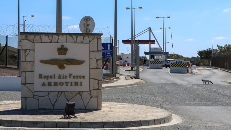 Soldiers guard the security gate of RAF Akrotiri, a British military base in Cyprus, September 30, 2024. REUTERS/Elias Marcou